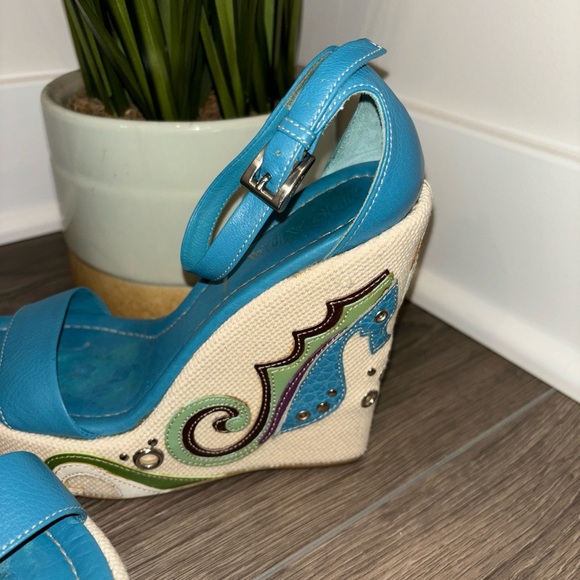 Prada Seahorse Wedge Platform Sandals Leather Green Blue - Picture 4 of 14